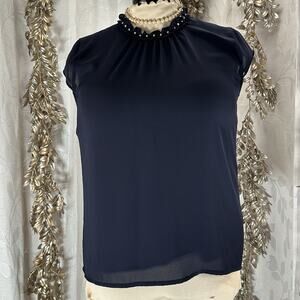 Karl Lagerfeld Paris L Navy Pearl‎ Blouse Cap Sleeve Officecore Ruffle Feminine